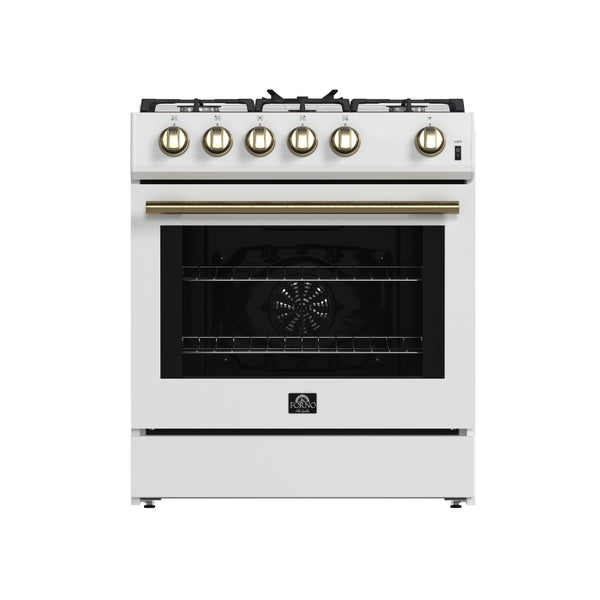 FORNO Espresso Leonardo 30" 5 cu. ft. Gas Range in White with Antique Brass Handles (and silver handles), FFSGS1116-30WHT
