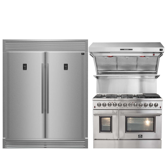 FORNO Premium 3-Piece Bundle -48" Dual Fuel Range, Wall Mount Range Hood, 60" Refrigerator, FBDL-017-02US