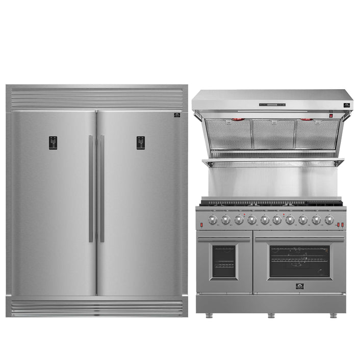 FORNO Premium 3-Piece Kitchen Bundle - 48 Inch Gas Range, Wall Mount Range Hood, 60 Inch Refrigerator, FBDL-018-02US