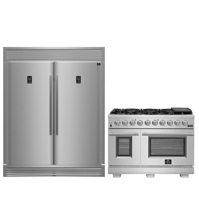 FORNO Premium 2-Piece Kitchen Bundle - Capriasca 48" Stainless Steel Range, Rizzuto 60" W. Dual Combo Convertible Refrigerator, FBDL-019-04CAUS
