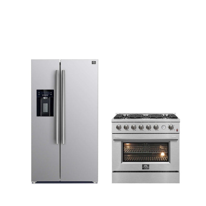 FORNO Premium 2-Piece Kitchen Bundle -36" Gas Range with Built-In Temperature Gauge and 36" Refrigerator with Ice Maker, FBDL-021-03CAUS