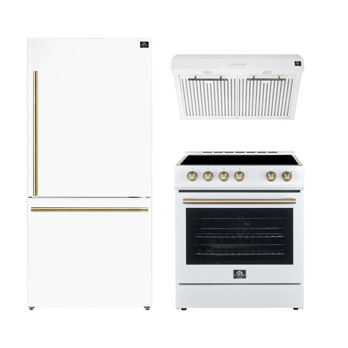 FORNO Premium 3-Piece Kitchen Bundle - Leonardo Espresso 30" White Range, 30" White Range Hood, 31" White Bottom Freezer Refrigerator, FBDL-001-03US
