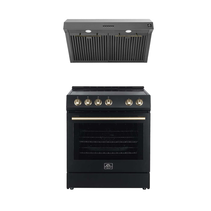FORNO Premium 2-Piece Kitchen Bundle - Leonardo Espresso 30" Black Range, 30" Black Range Hood, FBDL-002-02US