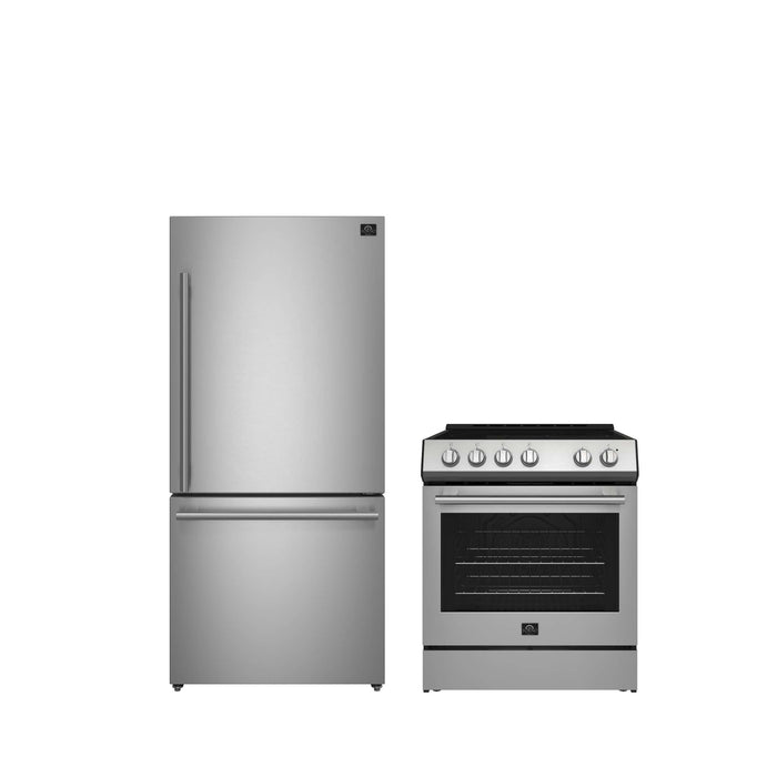 FORNO Premium 2-Piece Kitchen Bundle - Leonardo Espresso 30" Stainless Steel Range, 31" Stainless Steel Bottom Freezer Refrigerator, FBDL-003-01US