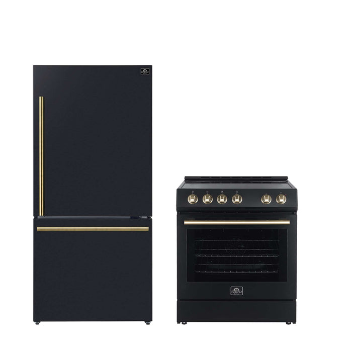 FORNO Premium 2-Piece Kitchen Bundle - Leonardo Espresso 30" Black Range, 31" Black Bottom Freezer Refrigerator, FBDL-003-02US