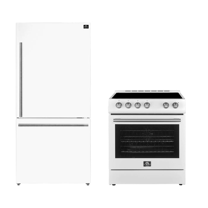 FORNO Premium 2-Piece Kitchen Bundle - Leonardo Espresso 30" White Range, 31" White Bottom Freezer Refrigerator, FBDL-003-03US