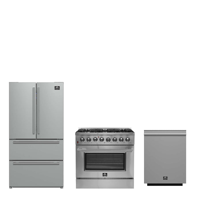 FORNO Premium 3-Piece Kitchen Bundle - Galiano 36" Dual Fuel Range, 36" Built-In Refrigerator, 24" Built-In Dishwasher, FBDL-004-02CAUS