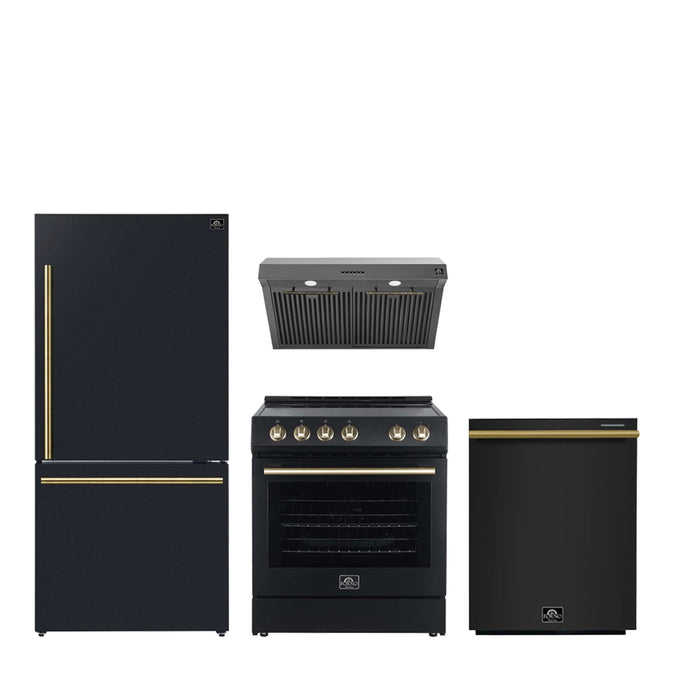 FORNO Espresso Package - 30" Electric Range, Range Hood, Refrigerator and Dishwasher in Black with Antique Brass Handles, FBDL-006-02US