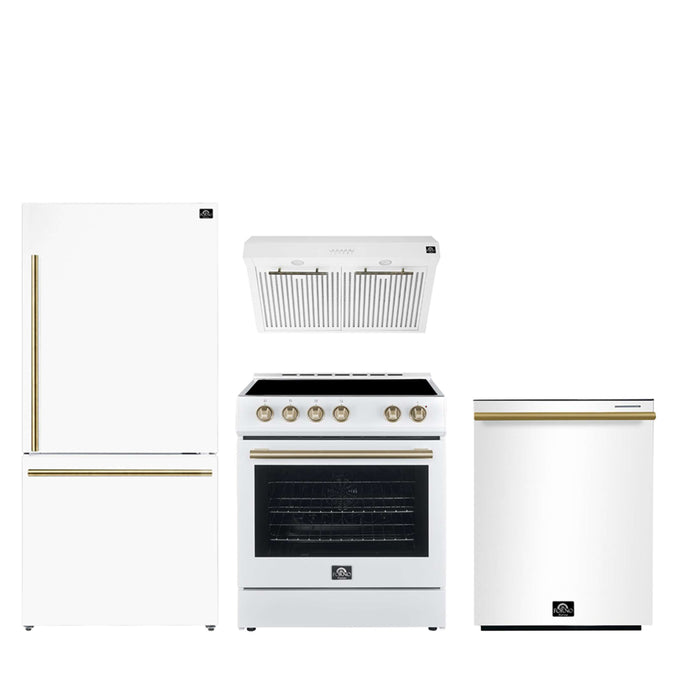 FORNO Espresso Package - 30" Electric Range, Range Hood, Refrigerator and Dishwasher in White with Antique Brass Handles, FBDL-006-03US