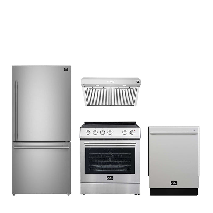 FORNO Espresso Bundle - 30" Electric Range, Under Cabinet Range Hood, 31" Refrigerator and 24" Dishwasher, FBDL-010-01US