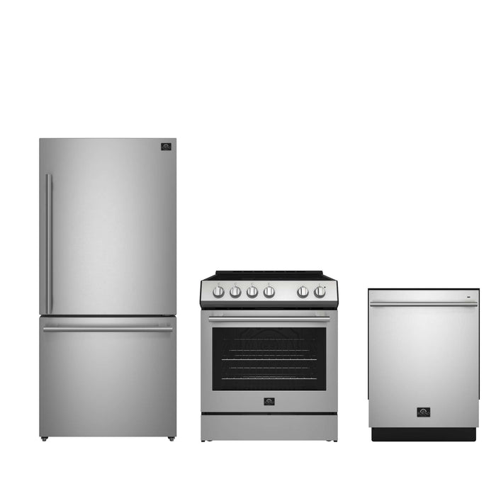 FORNO Premium 3-Piece Kitchen Bundle - 30" Electric Range, French Door Refrigerator, Built-In Dishwasher, Stainless Steel, FBDL-011-01US