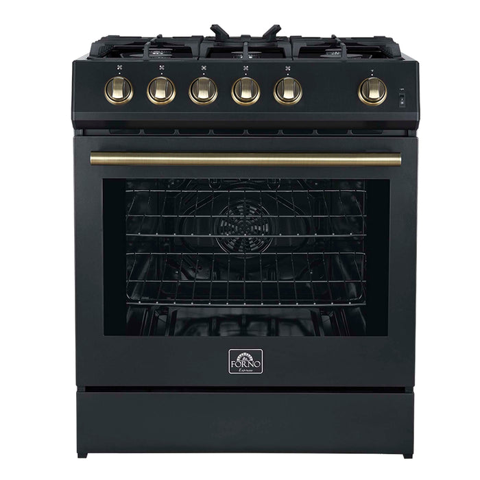 FORNO Espresso Leonardo 30" 5 cu. ft. Gas Range - Black with Antique Brass Handles (optional silver), FFSGS1116-30BLK