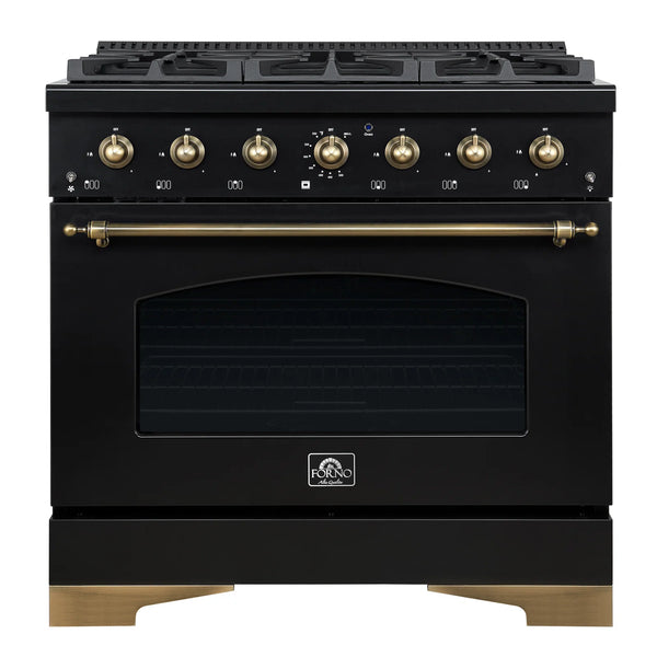 FORNO Espresso Antico 36" 4.5 cu. ft. Dual Fuel Range with 6 Sealed Burners in Black with Antique Brass Accents, FFSGS6113-36BLK