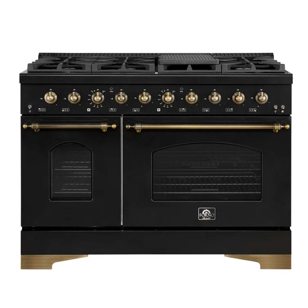 FORNO Espresso Antico 48" 5.5 cu. ft. Dual Fuel Range with 8 Sealed Burners and Griddle in Black with Antique Brass Accents, FFSGS6113-48BLK