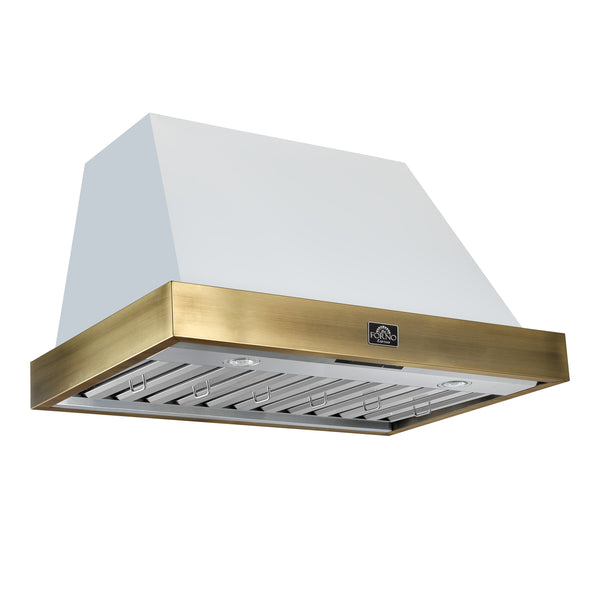 FORNO Espresso 36" 600 CFM Wall Mount Range Hood in White and Antique Brass Trim with Remote Control, FRHWM5078-36WHT