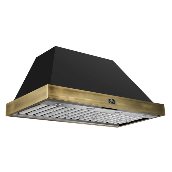 FORNO Espresso 48" 600 CFM Wall Mount Range Hood in Black and Antique Brass Trim with Remote Control, FRHWM5078-48BLK