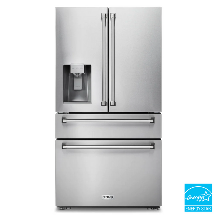 THOR Kitchen 36 in. Professional Counter Depth French Door Freestanding Refrigerator with Ice & Water Dispenser in Stainless Steel- TRF3601FD