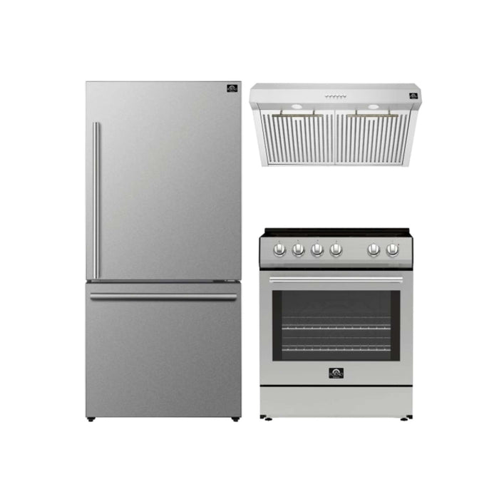 FORNO Espresso Package - 30" Electric Range, Range Hood and Refrigerator in Stainless Steel with Silver Handles, FBDL-001-01US
