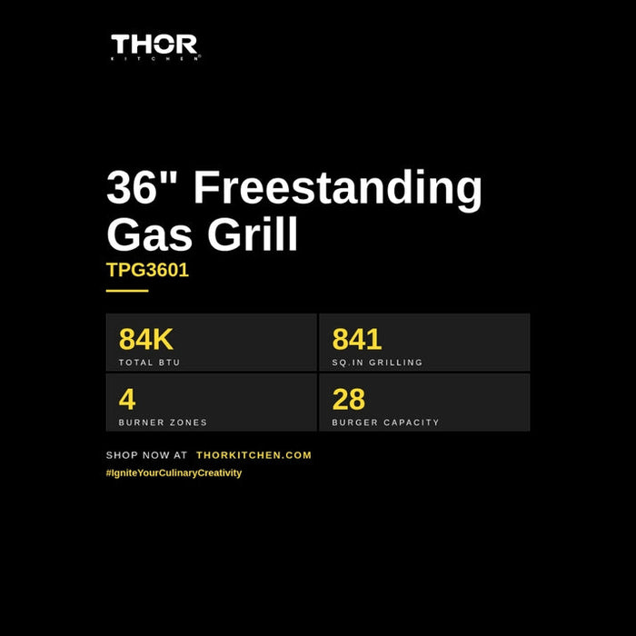 THOR Kitchen 36" Freestanding Professional Propane Gas Grill Head with 4 Burners and Rotisserie Kit - TPG3601-G