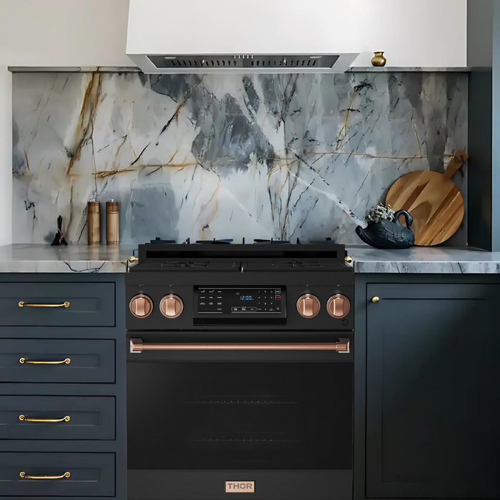 Gordon Ramsay by THOR Kitchen 30" 4.55 cu. ft. Professional Natural Gas Range with Tilt Panel Touch Control and Self-Clean in Matte Black with Rose Gold Accents- RSG30B-RSG