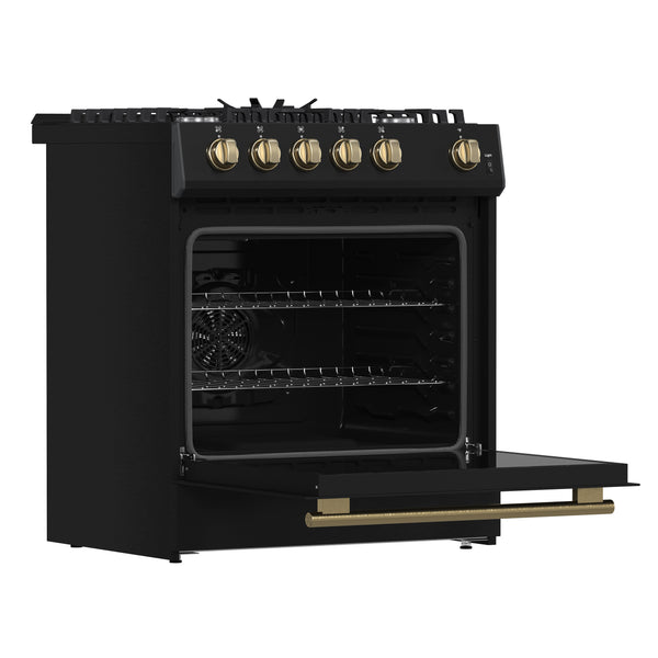 FORNO Espresso Leonardo 30" 5 cu. ft. Gas Range - Black with Antique Brass Handles (optional silver), FFSGS1116-30BLK