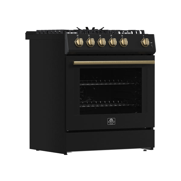 FORNO Espresso Leonardo 30" 5 cu. ft. Gas Range - Black with Antique Brass Handles (optional silver), FFSGS1116-30BLK