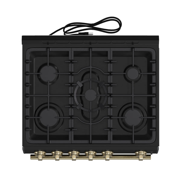 FORNO Espresso Leonardo 30" 5 cu. ft. Gas Range - Black with Antique Brass Handles (optional silver), FFSGS1116-30BLK