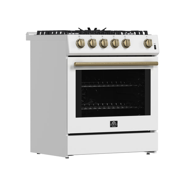 FORNO Espresso Leonardo 30" 5 cu. ft. Gas Range in White with Antique Brass Handles (and silver handles), FFSGS1116-30WHT