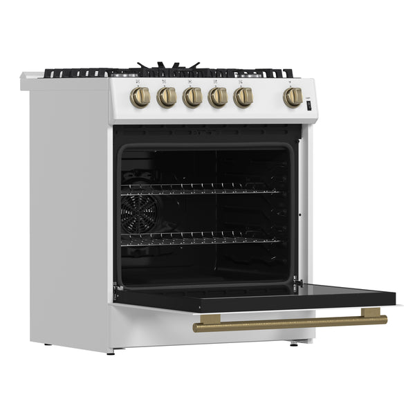 FORNO Espresso Leonardo 30" 5 cu. ft. Gas Range in White with Antique Brass Handles (and silver handles), FFSGS1116-30WHT