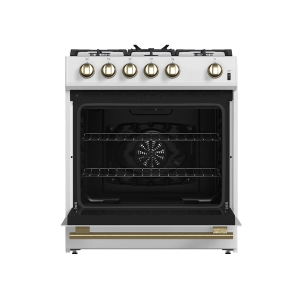 FORNO Espresso Leonardo 30" 5 cu. ft. Gas Range in White with Antique Brass Handles (and silver handles), FFSGS1116-30WHT
