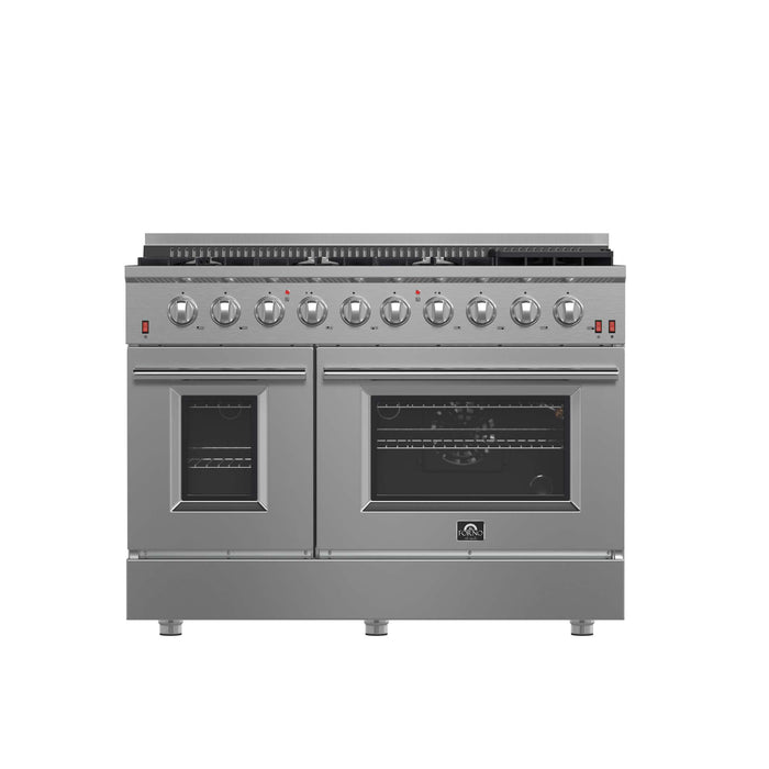 FORNO Premium 3-Piece Kitchen Bundle - 48 Inch Gas Range, Wall Mount Range Hood, 60 Inch Refrigerator, FBDL-018-02US