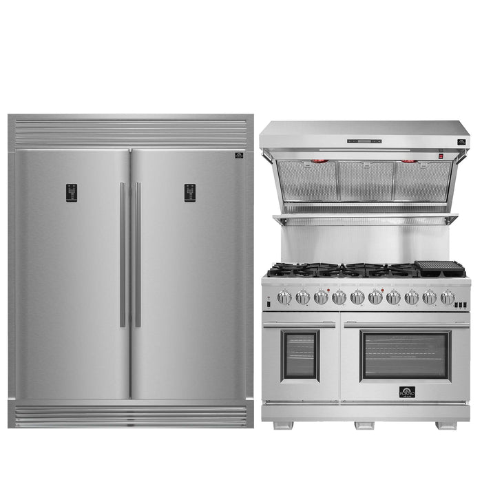FORNO Premium 3-Piece Kitchen Bundle - 48 Inch Pro Gas Range, Wall Mount Range Hood, Refrigerator, FBDL-019-05US