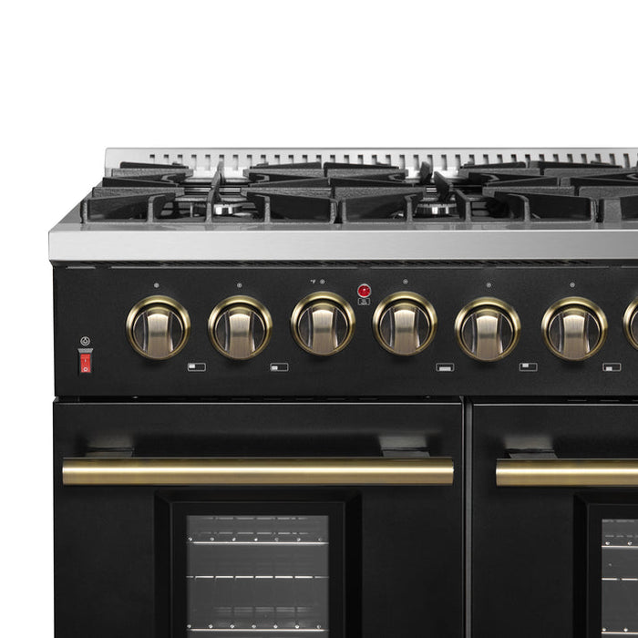 FORNO Galiano 48" 6.58 cu. ft. Dual Fuel Range with 8 Sealed Burners and Griddle in Black with Antique Brass Accents - FFSGS6156-48BLK