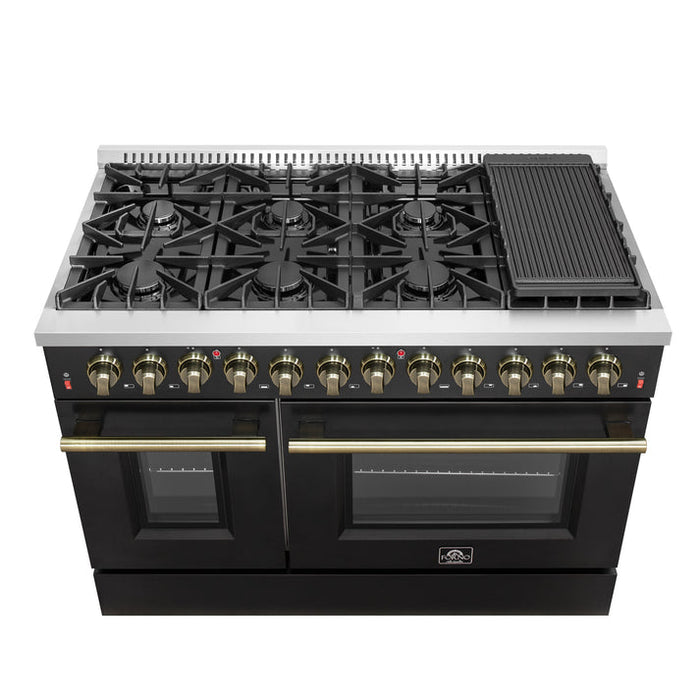 FORNO Galiano 48" 6.58 cu. ft. Dual Fuel Range with 8 Sealed Burners and Griddle in Black with Antique Brass Accents - FFSGS6156-48BLK