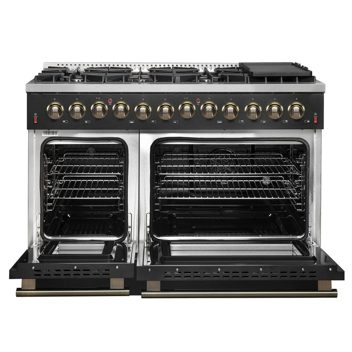 FORNO Galiano 48" 6.58 cu. ft. Dual Fuel Range with 8 Sealed Burners and Griddle in Black with Antique Brass Accents - FFSGS6156-48BLK