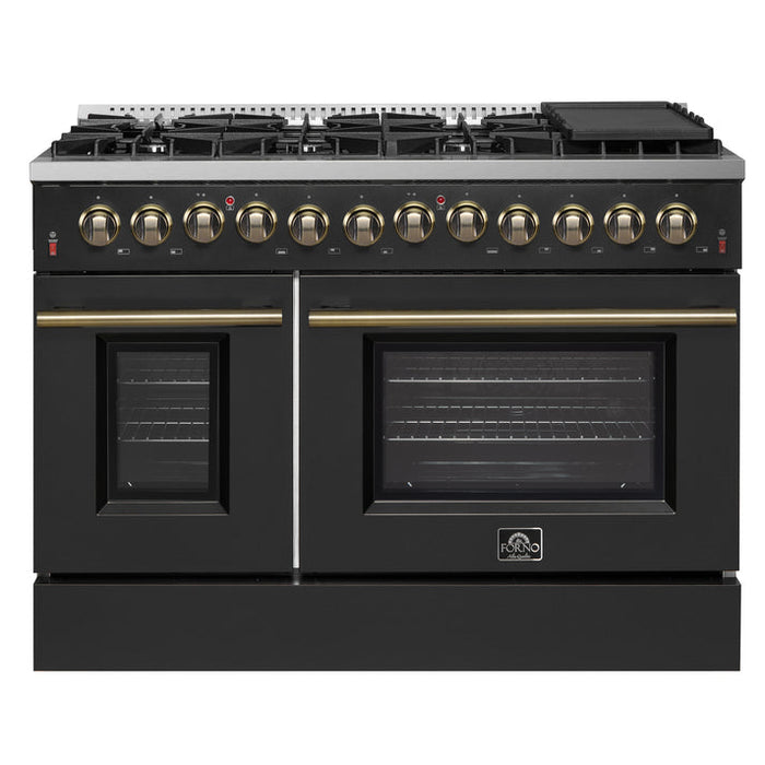 FORNO Galiano 48" 6.58 cu. ft. Dual Fuel Range with 8 Sealed Burners and Griddle in Black with Antique Brass Accents - FFSGS6156-48BLK