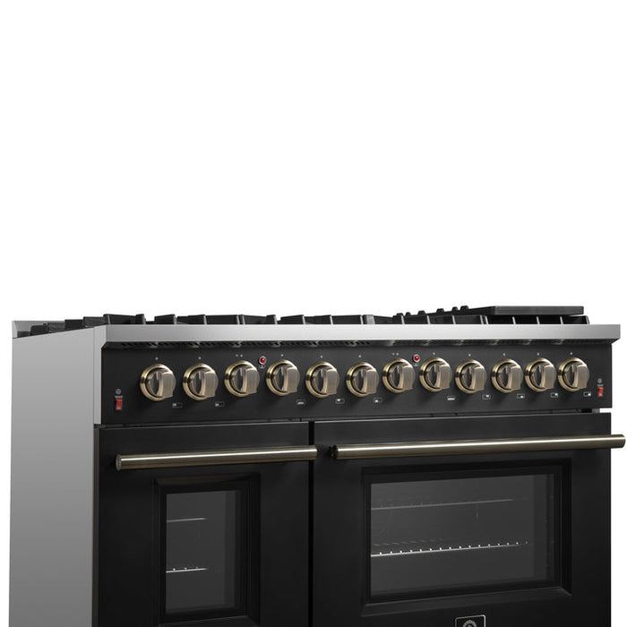 FORNO Galiano 48" 6.58 cu. ft. Dual Fuel Range with 8 Sealed Burners and Griddle in Black with Antique Brass Accents - FFSGS6156-48BLK
