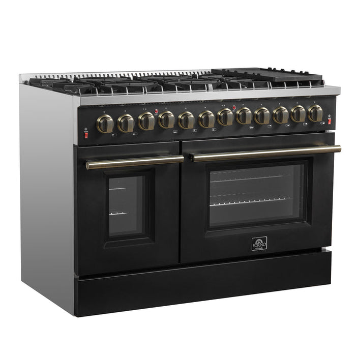 FORNO Galiano 48" 6.58 cu. ft. Dual Fuel Range with 8 Sealed Burners and Griddle in Black with Antique Brass Accents - FFSGS6156-48BLK