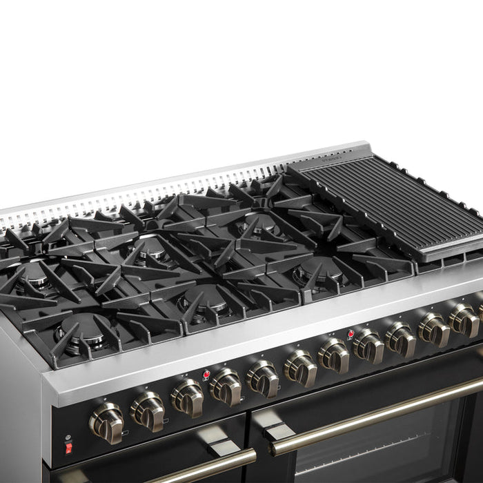FORNO Galiano 48" 6.58 cu. ft. Dual Fuel Range with 8 Sealed Burners and Griddle in Black with Antique Brass Accents - FFSGS6156-48BLK