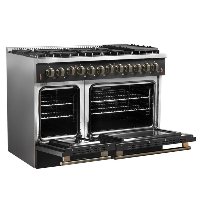 FORNO Galiano 48" 6.58 cu. ft. Dual Fuel Range with 8 Sealed Burners and Griddle in Black with Antique Brass Accents - FFSGS6156-48BLK