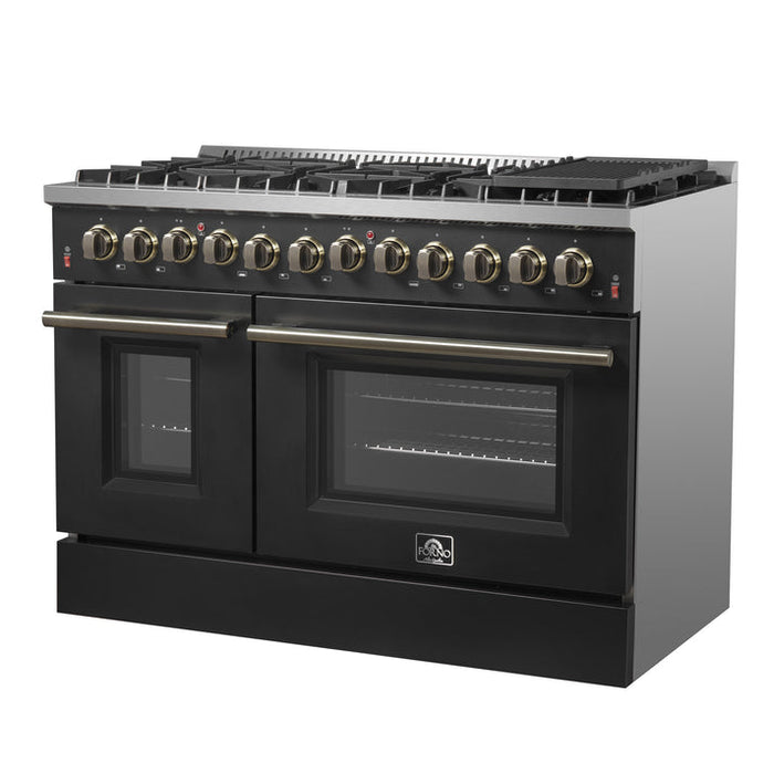 FORNO Galiano 48" 6.58 cu. ft. Dual Fuel Range with 8 Sealed Burners and Griddle in Black with Antique Brass Accents - FFSGS6156-48BLK