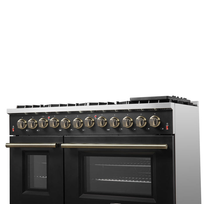 FORNO Galiano 48" 6.58 cu. ft. Dual Fuel Range with 8 Sealed Burners and Griddle in Black with Antique Brass Accents - FFSGS6156-48BLK