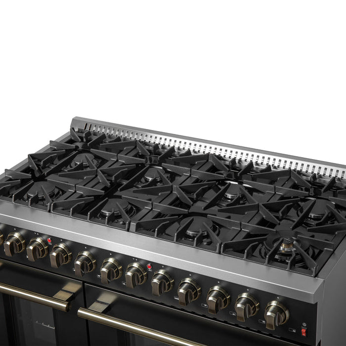 FORNO Galiano 48" 6.58 cu. ft. Dual Fuel Range with 8 Sealed Burners and Griddle in Black with Antique Brass Accents - FFSGS6156-48BLK