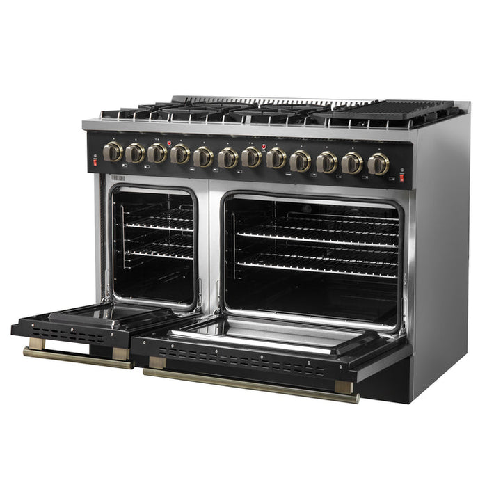 FORNO Galiano 48" 6.58 cu. ft. Dual Fuel Range with 8 Sealed Burners and Griddle in Black with Antique Brass Accents - FFSGS6156-48BLK