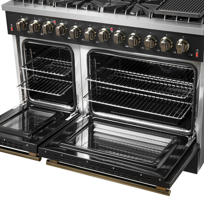 FORNO Galiano 48" 6.58 cu. ft. Dual Fuel Range with 8 Sealed Burners and Griddle in Black with Antique Brass Accents - FFSGS6156-48BLK