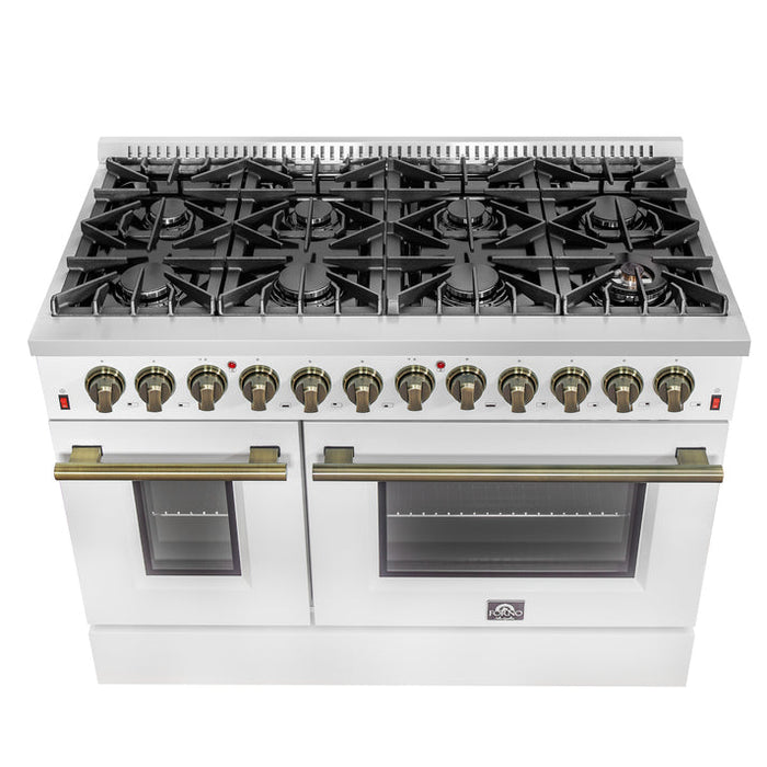 FORNO Galiano 48" 6.58 cu. ft. Dual Fuel Range with 8 Sealed Burners and Griddle in White with Antique Brass Accents - FFSGS6156-48WHT