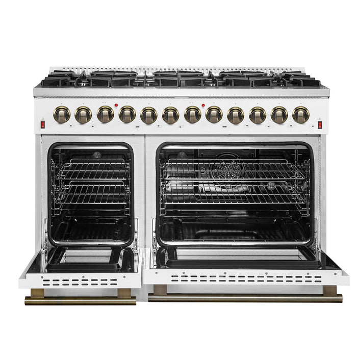 FORNO Galiano 48" 6.58 cu. ft. Dual Fuel Range with 8 Sealed Burners and Griddle in White with Antique Brass Accents - FFSGS6156-48WHT