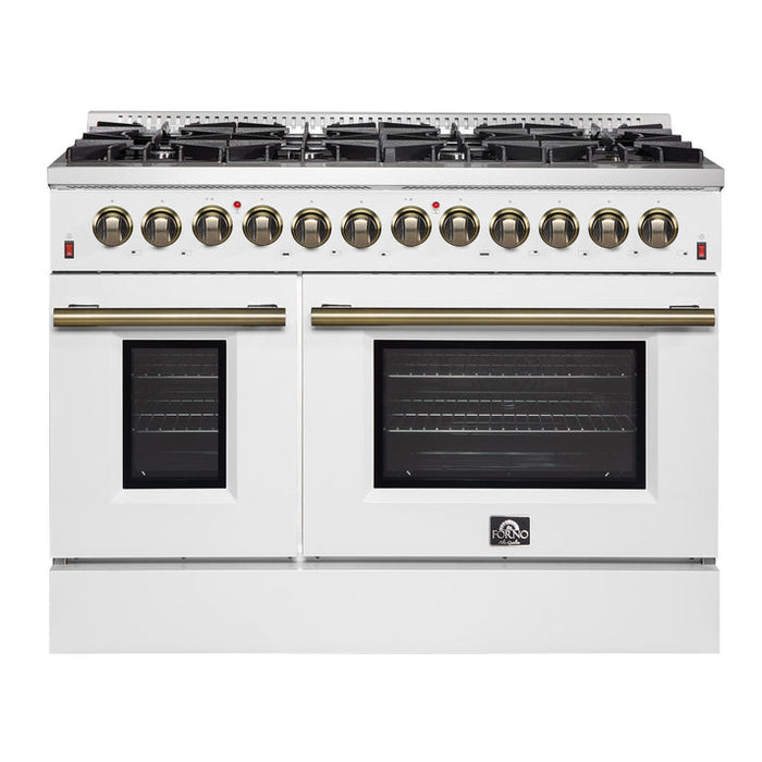FORNO Galiano 48" 6.58 cu. ft. Dual Fuel Range with 8 Sealed Burners and Griddle in White with Antique Brass Accents - FFSGS6156-48WHT