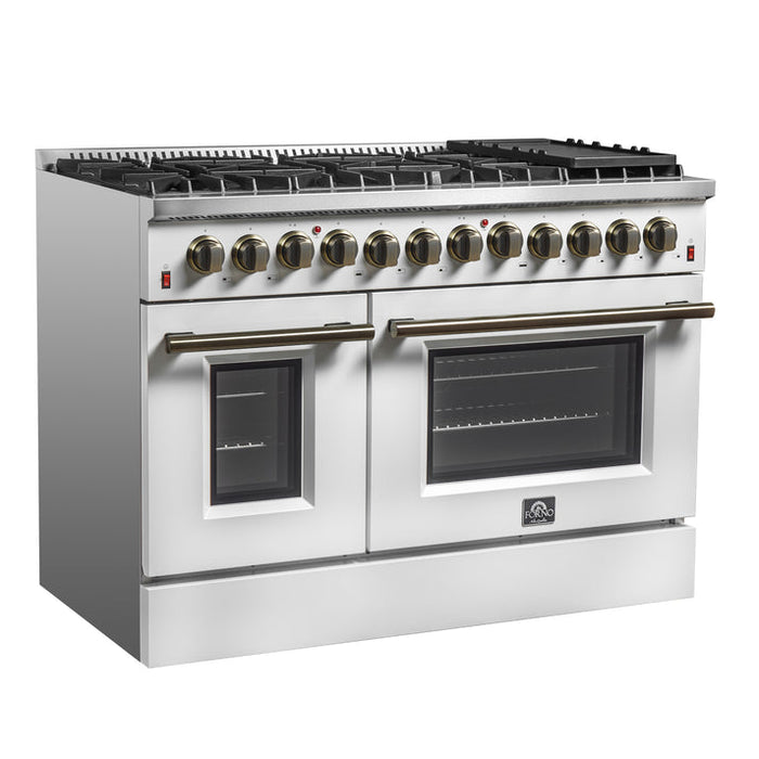 FORNO Galiano 48" 6.58 cu. ft. Dual Fuel Range with 8 Sealed Burners and Griddle in White with Antique Brass Accents - FFSGS6156-48WHT