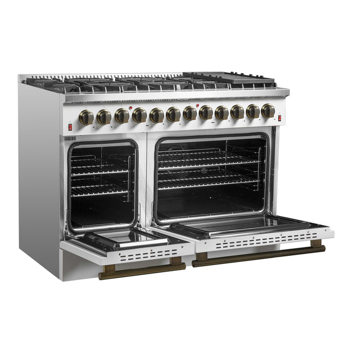 FORNO Galiano 48" 6.58 cu. ft. Dual Fuel Range with 8 Sealed Burners and Griddle in White with Antique Brass Accents - FFSGS6156-48WHT